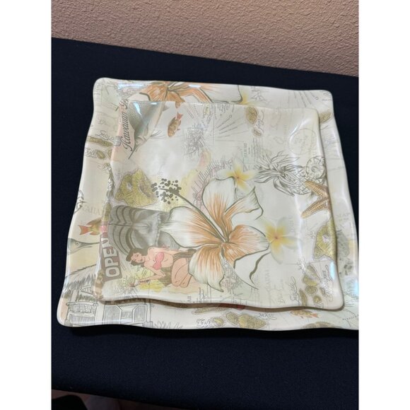Tommy Bahama Hawaiian Islands Melamine Platter Hibiscus Set Of 2 - Picture 1 of 11
